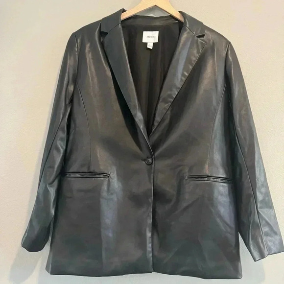 Nine West Faux Leather Blazer Jacket One Button Chic Edgy Modern Minimalist L - Picture 1 of 4